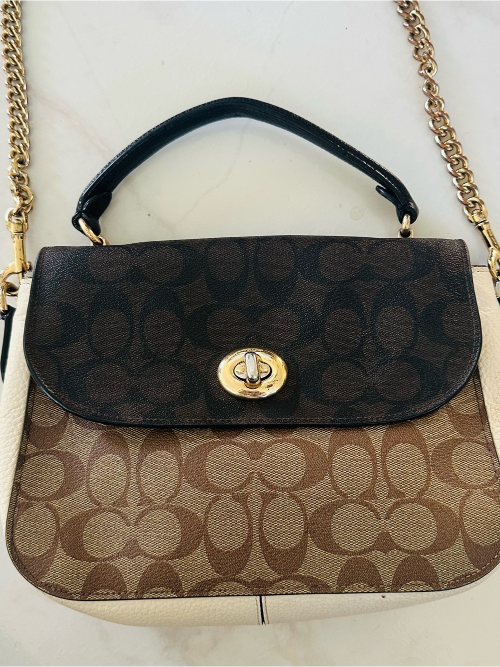 Coach Colorblock Signature Turnlock Shoulder Bag in Brown/Black/Cream